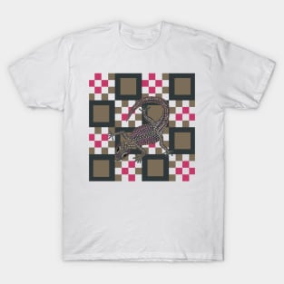 Fun Decorated Gecko on Checkerboard Pattern T-Shirt